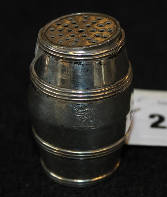 Silver (unmarked) barrel form pounce pot, pierced cover, crested (rim to cover a.f)